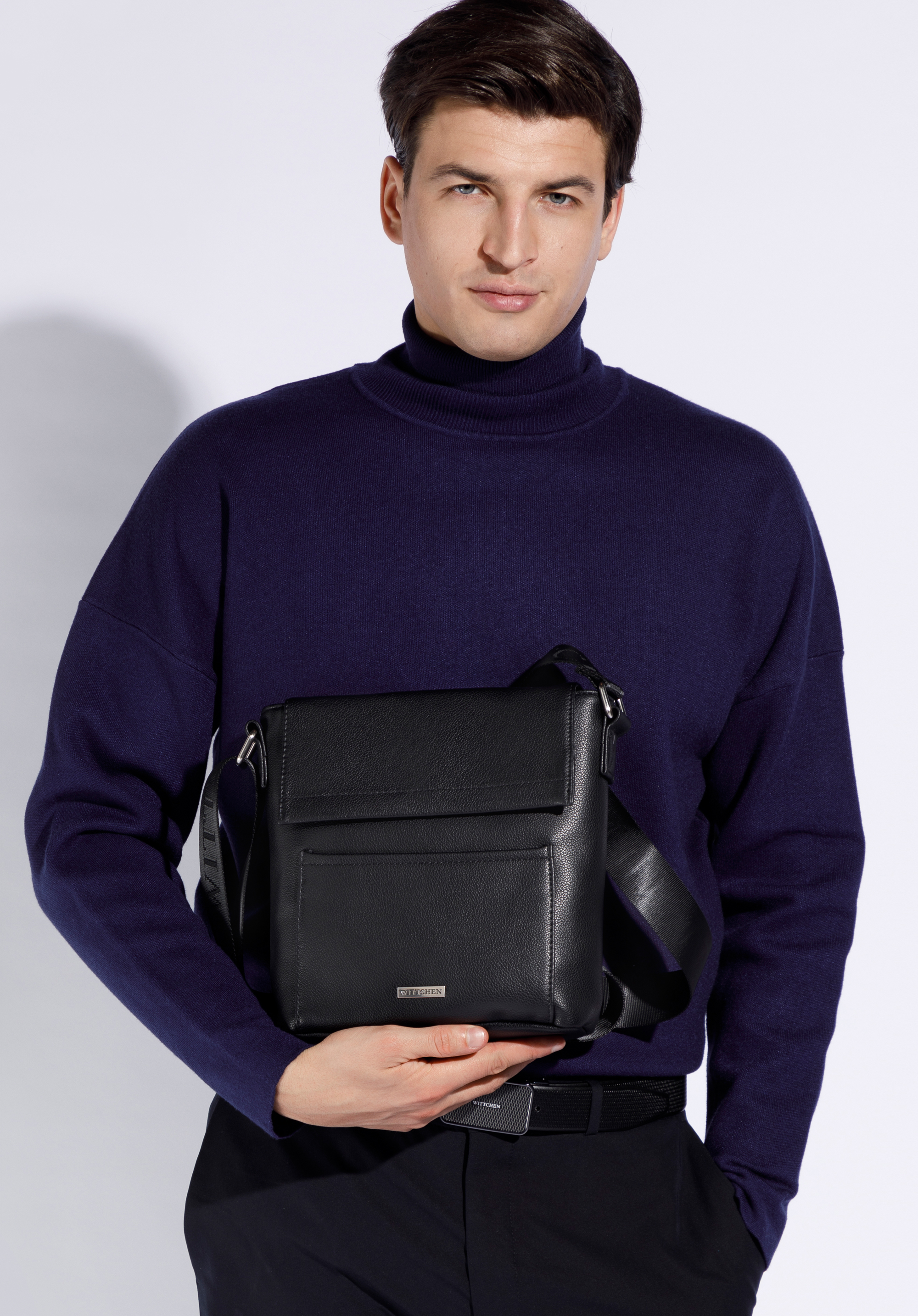 Męska listonoszka z elegancką klapą, czarny, 29-4P-005-1, Zdjęcie 1