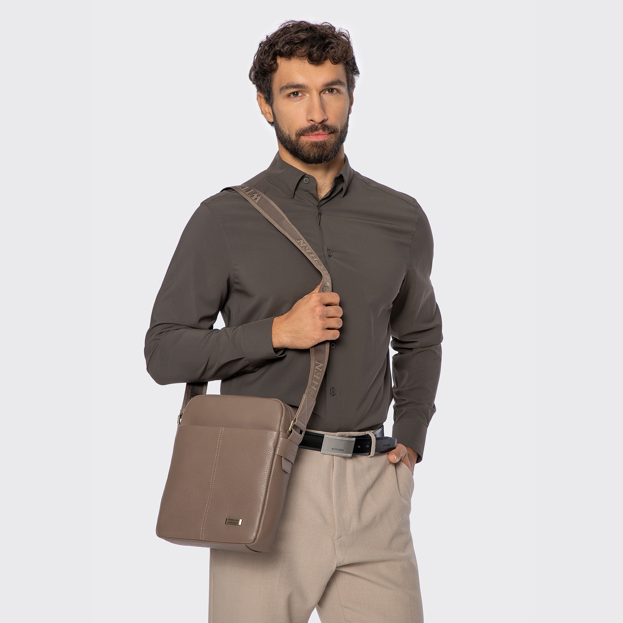 Pánska kožená crossbody taška s prešívaním taupe 100-4U-803-9, Vyberte variant taupe