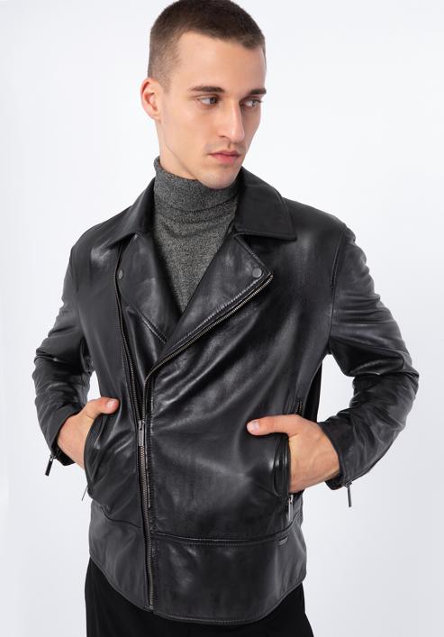 Men's leather biker jacket, ebony, 97-09-855-1-S, Photo 1