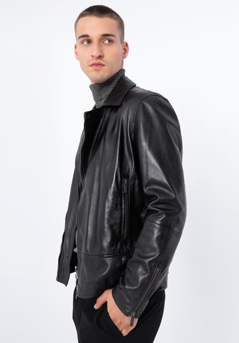 Men's leather biker jacket, ebony, 97-09-855-1-M, Photo 3