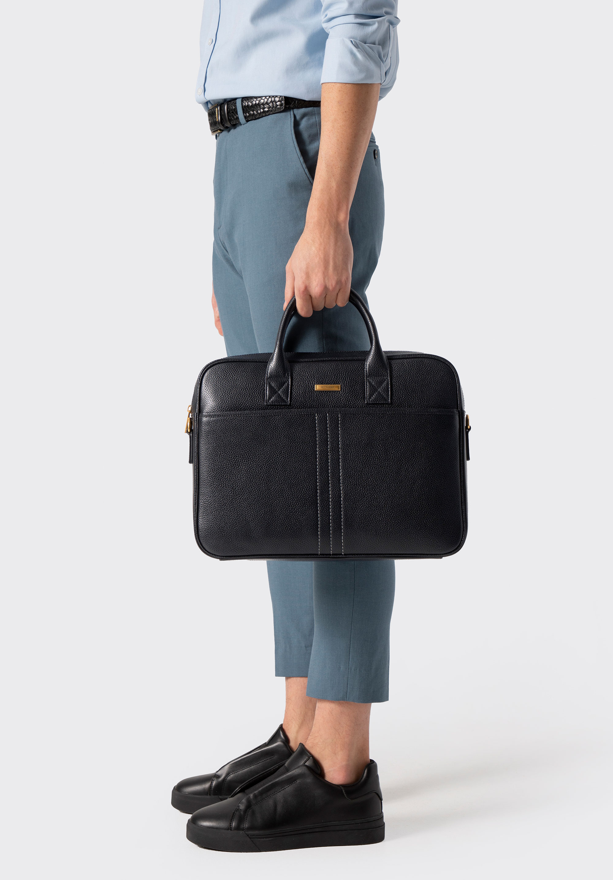 Męska torba na laptopa 15,6” ze skóry naturalnej groszkowej, czarno-złoty, 102-3U-601-1G, Zdjęcie 1