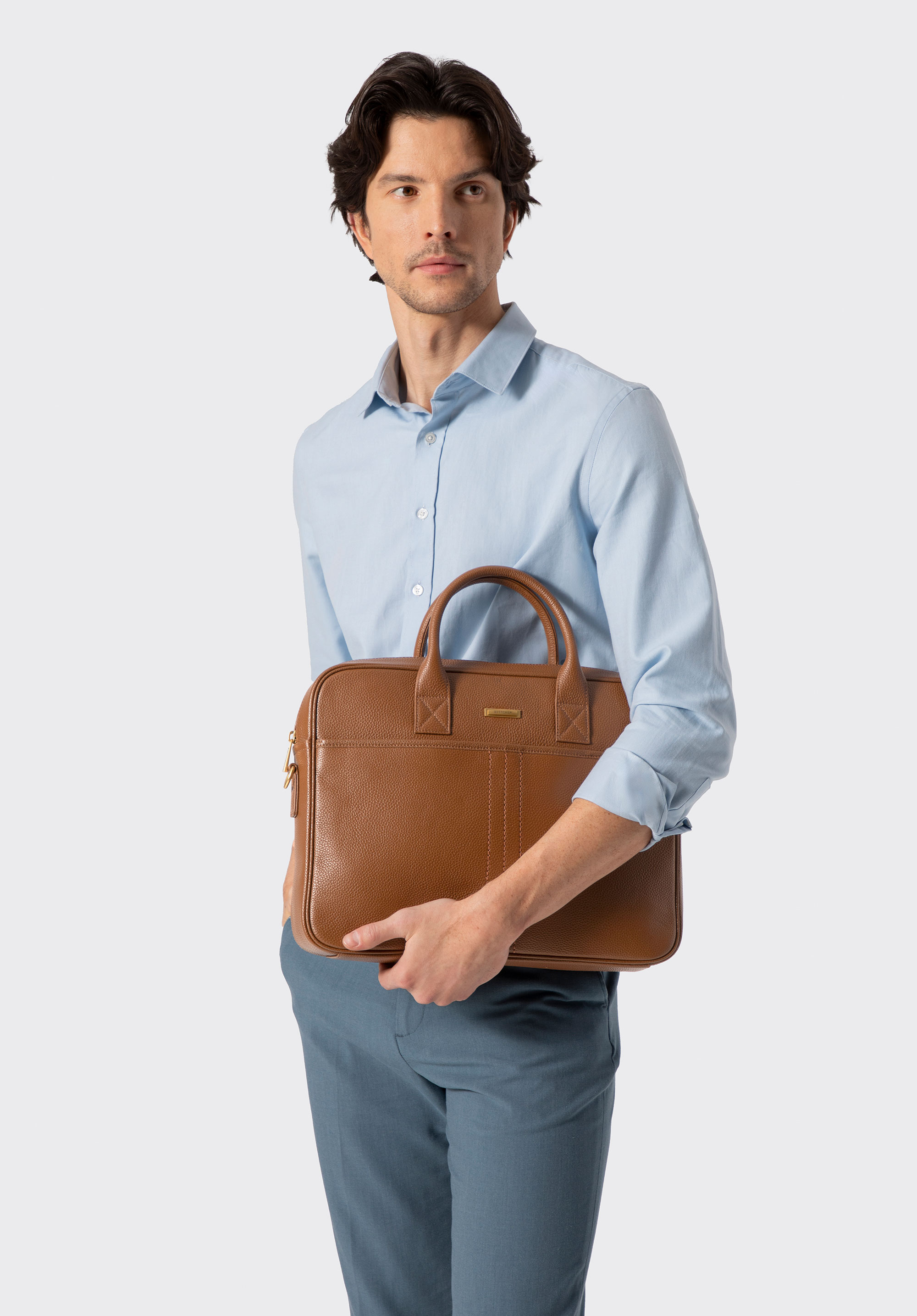 Męska torba na laptopa 15,6” ze skóry naturalnej groszkowej, jasny brąz, 102-3U-601-5, Zdjęcie 1