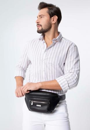 Męska torebka nerka z ekoskóry z błyszczącym suwakiem z przodu, czarno-srebrny, 98-3P-504-1, Zdjęcie 1