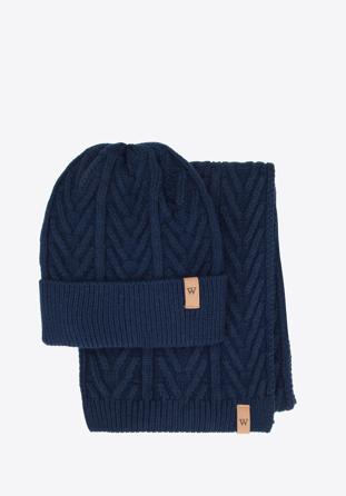 Men's winter cable knit hat and scarf set, navy blue, 95-SF-004-7, Photo 1