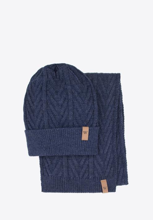 Men's winter cable knit hat and scarf set, dark blue, 95-SF-004-8, Photo 1