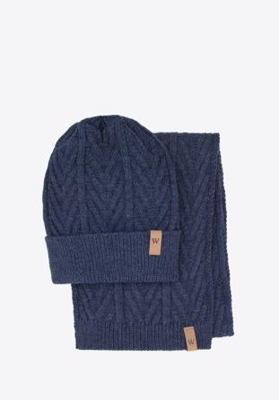 Men's winter cable knit hat and scarf set, dark blue, 95-SF-004-7M, Photo 1