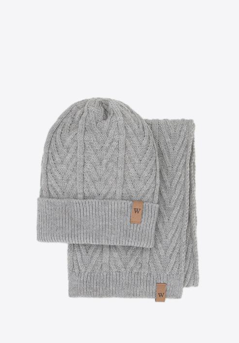 Men's winter cable knit hat and scarf set, grey, 95-SF-004-8, Photo 1