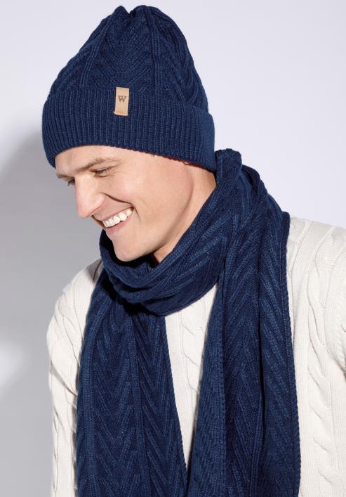 Men's winter cable knit hat and scarf set, navy blue, 95-SF-004-8, Photo 15