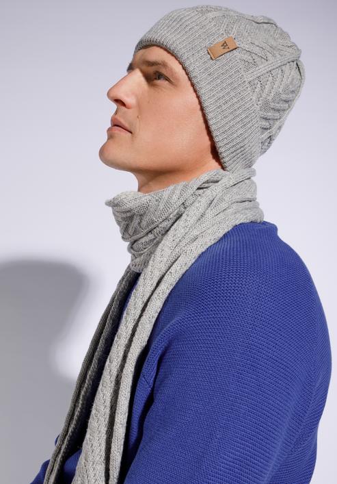 Men's winter cable knit hat and scarf set, grey, 95-SF-004-8, Photo 15
