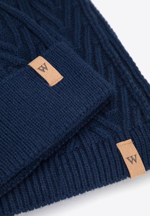 Men's winter cable knit hat and scarf set, navy blue, 95-SF-004-8, Photo 5