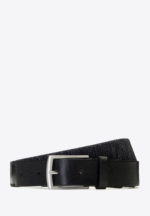 Men's woven belt with a silver buckle, black, 91-8M-352-7-12, Photo 1