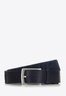 Men's woven belt with a silver buckle, navy blue, 91-8M-352-7-12, Photo 1