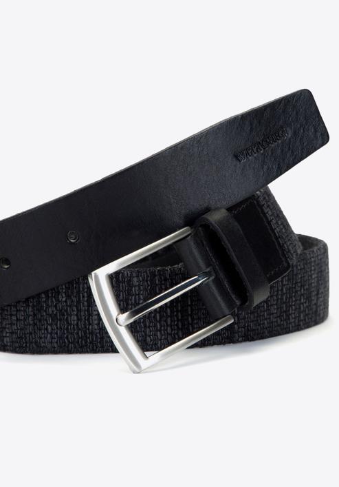 Men's woven belt with a silver buckle, black, 91-8M-352-7-12, Photo 3