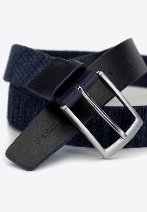 Men's woven belt with a silver buckle, navy blue, 91-8M-352-7-12, Photo 4