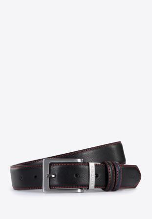 Men's reversible leather belt with red trim, black-navy blue, 96-8M-911-1-100, Photo 1