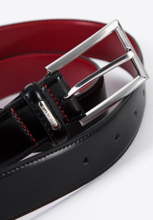 Men's leather belt with red thread, black, 96-8M-910-1-100, Photo 3