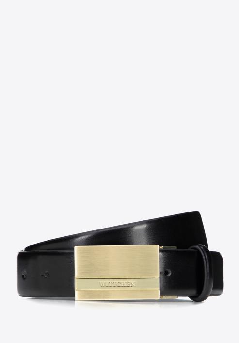 Men's leather belt with plate buckle, black-gold, 95-8M-913-1-90, Photo 1