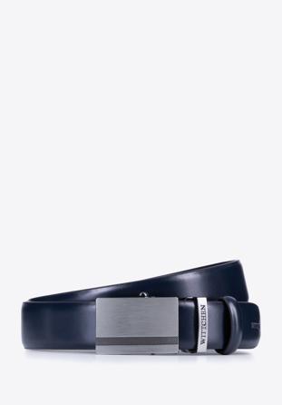 Men's leather belt with automatic buckle, navy blue, 98-8M-902-7-11, Photo 1