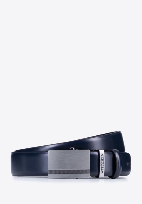 Men's leather belt with automatic buckle, navy blue, 98-8M-902-1-12, Photo 1