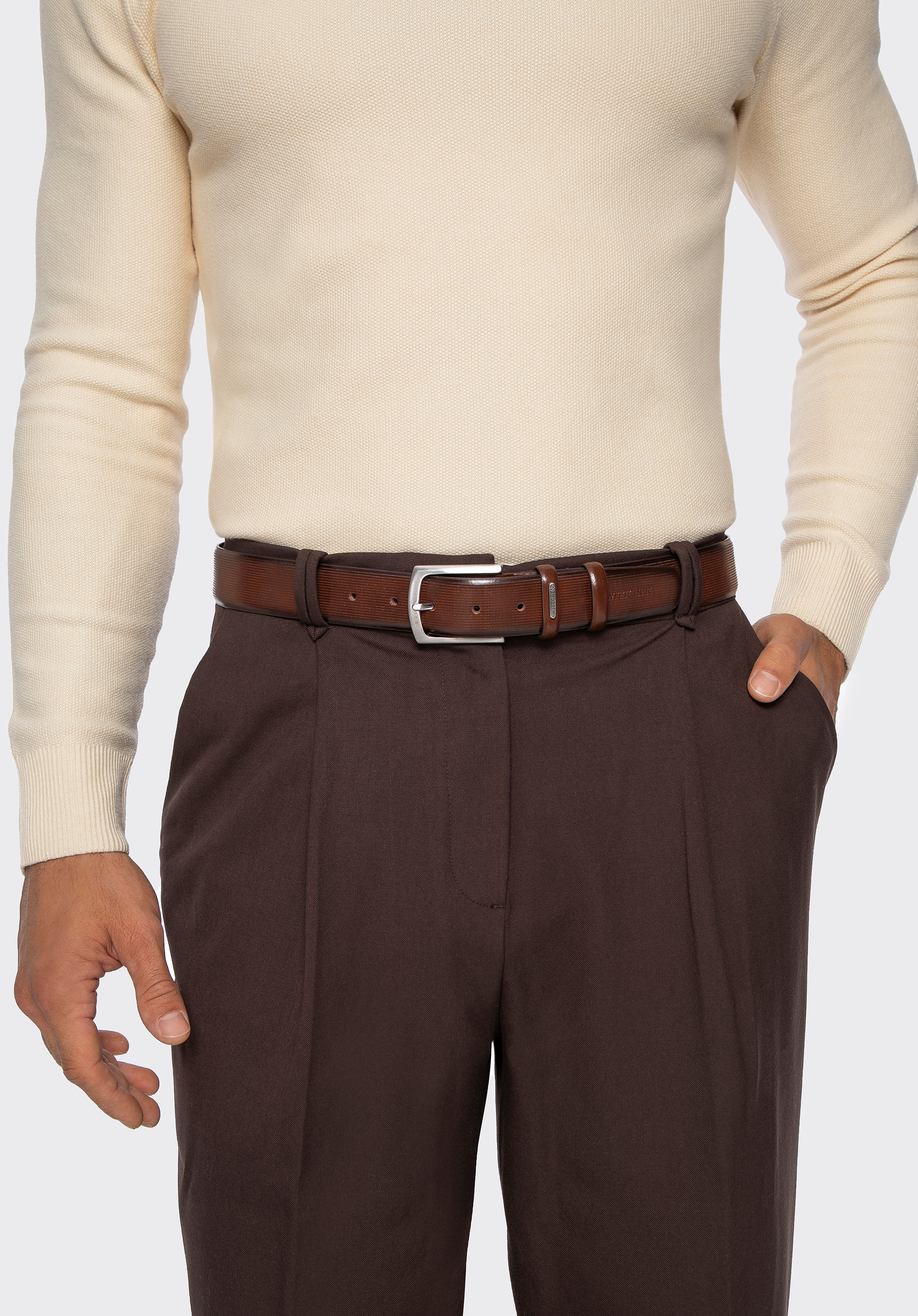 Men's leather belt with fine line embossing, brown, 101-8M-209-5-S, Photo 1