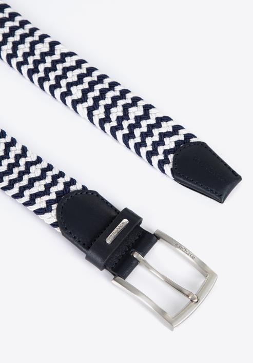 Men's weaved leather belt, white-navy blue, 96-8M-916-9-130, Photo 3