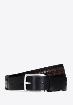 Men's woven and leather belt, black-brown, 91-8M-353-1-11, Photo 1