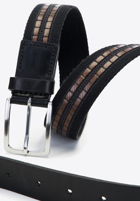 Men's woven and leather belt, black-brown, 91-8M-353-1-10, Photo 3