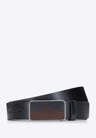 Leather belt with plate buckle, black, 92-8M-351-1-90, Photo 1