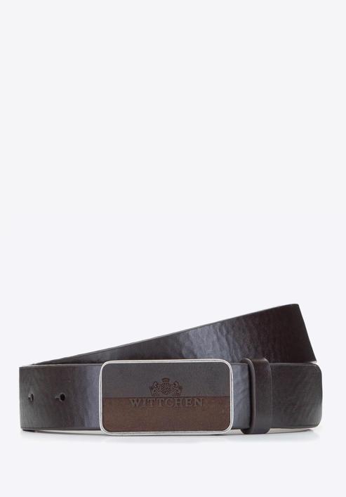Leather belt with plate buckle, brown, 92-8M-351-1-12, Photo 1
