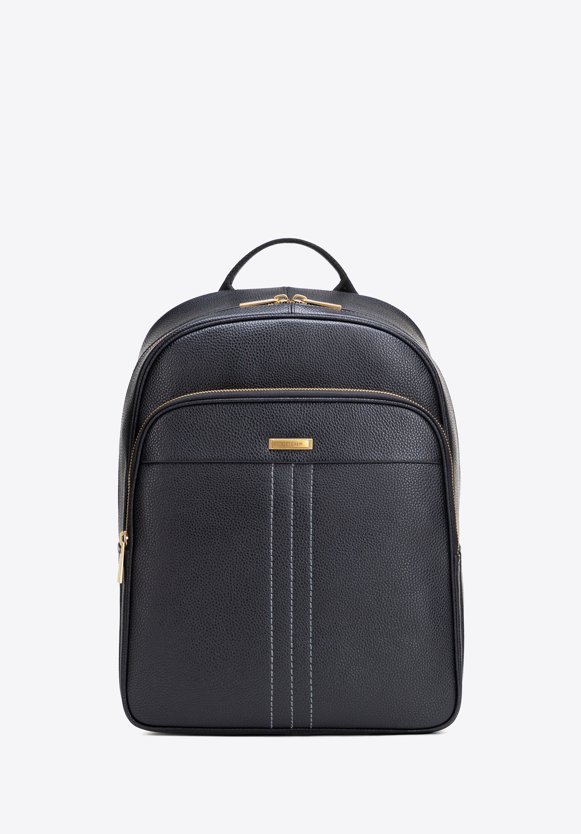 Męski plecak z miejscem na laptopa 14” ze skóry naturalnej, czarno-złoty, 102-3U-600-1G, Zdjęcie 1