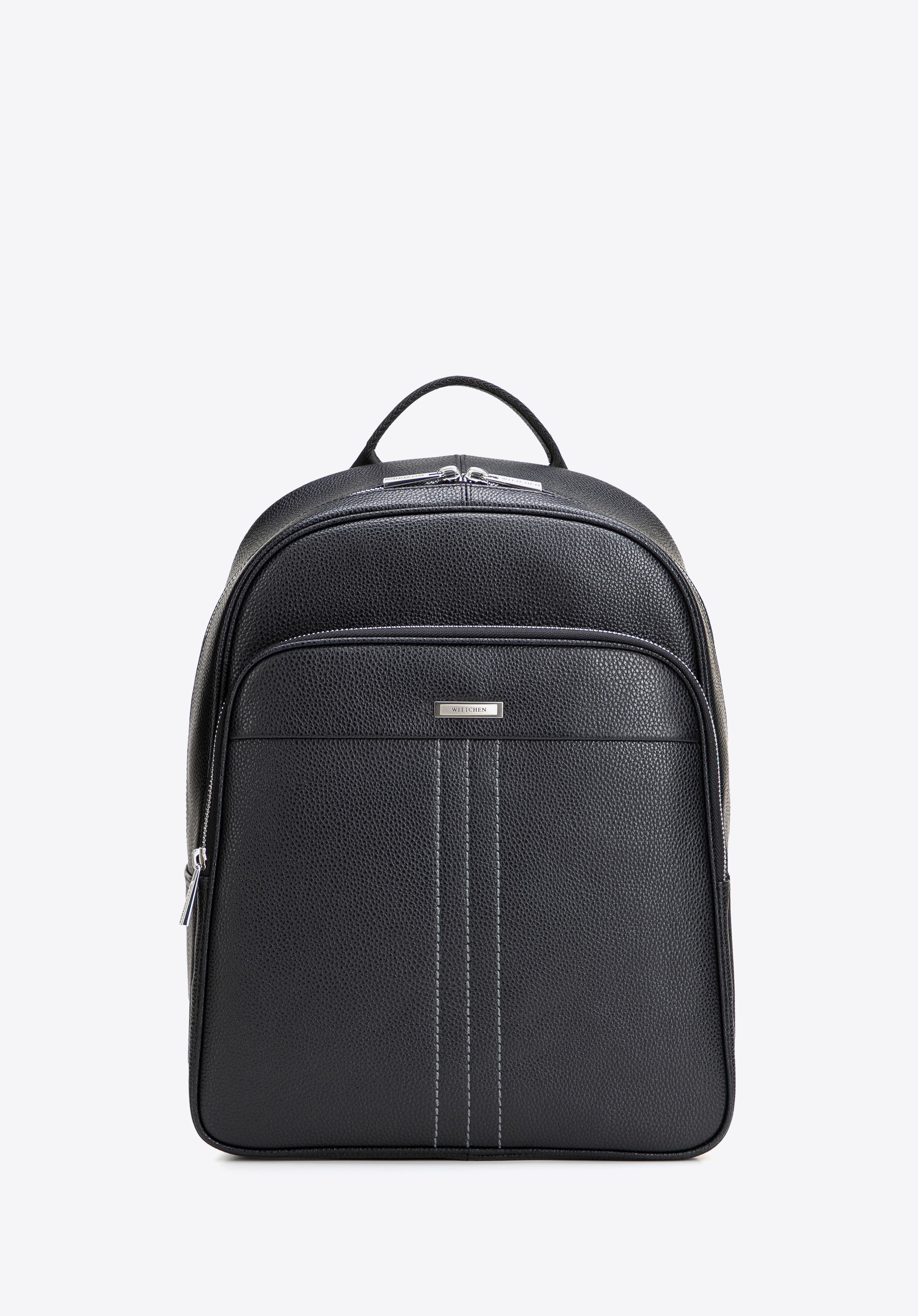 Męski plecak z miejscem na laptopa 14” ze skóry naturalnej, czarno-srebrny, 102-3U-600-1S, Zdjęcie 1