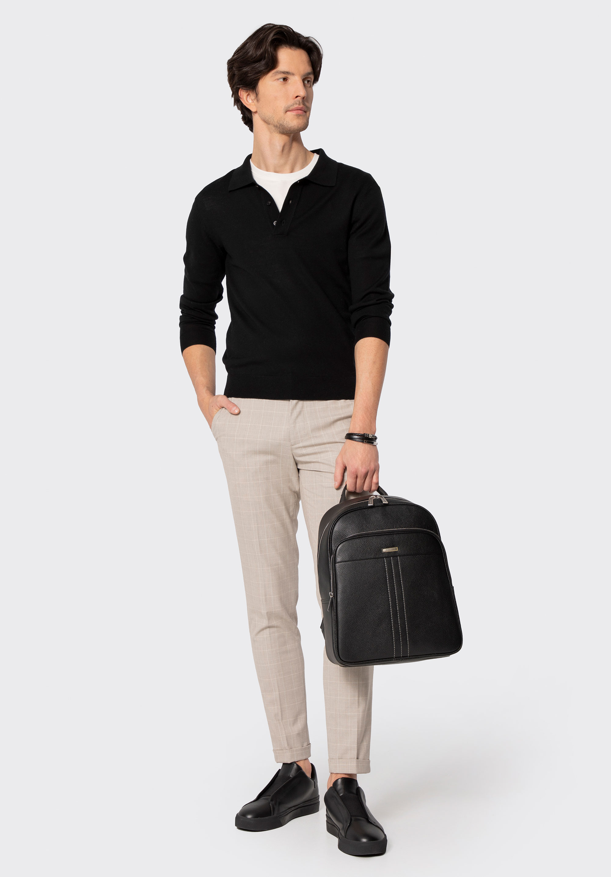 Męski plecak z miejscem na laptopa 14” ze skóry naturalnej, czarno-srebrny, 102-3U-600-1S, Zdjęcie 1