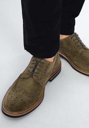 Men's suede brogue shoes, green, 96-M-703-Z-44, Photo 1
