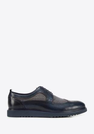 Men's leather and textile brogue shoes, navy blue, 94-M-506-N-41, Photo 1
