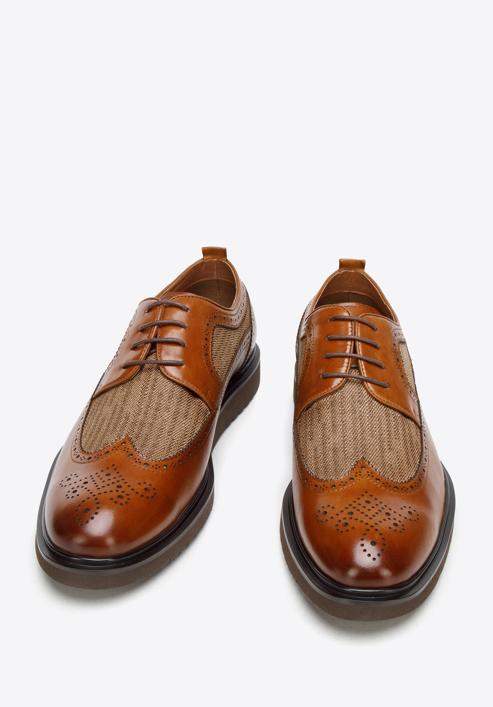 Men's leather and textile brogue shoes, brown, 94-M-506-N-41, Photo 2
