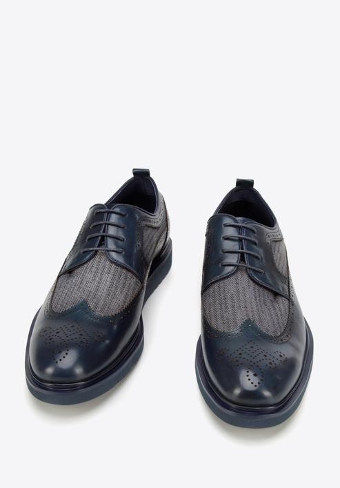 Men's leather and textile brogue shoes, navy blue, 94-M-506-N-42, Photo 2