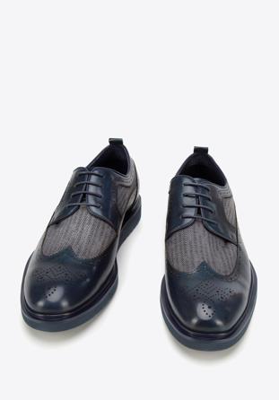 Men's leather and textile brogue shoes, navy blue, 94-M-506-N-42, Photo 1