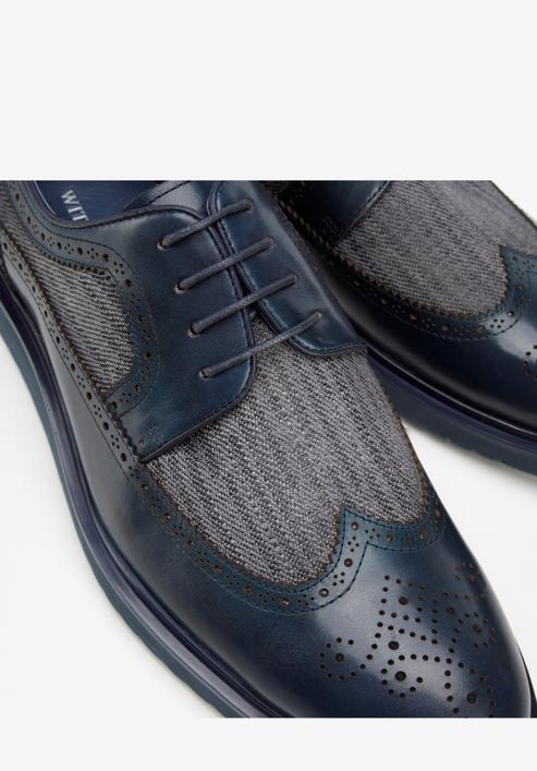 Men's leather and textile brogue shoes, navy blue, 94-M-506-N-41, Photo 7