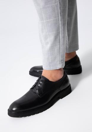 Męskie buty derby skórzane z kontrastową wstawką, czarny, 98-M-715-1-43, Zdjęcie 1