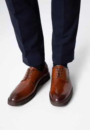 Męskie buty derby skórzane z kontrastową wstawką, brązowy, 98-M-715-4-40, Zdjęcie 1