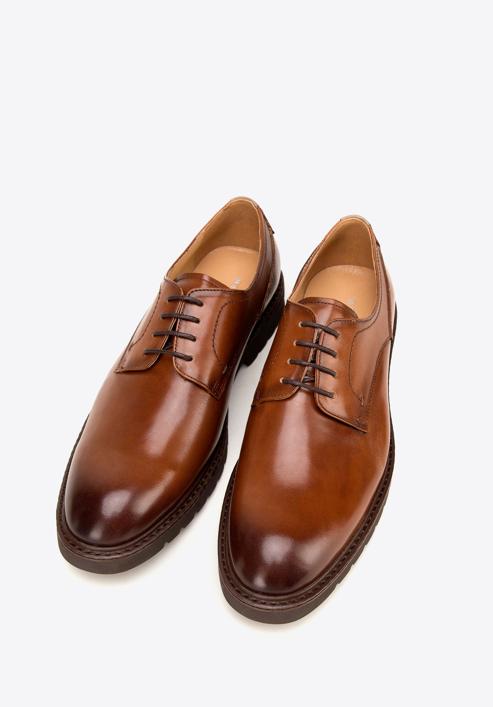 Męskie buty derby skórzane z kontrastową wstawką, brązowy, 98-M-715-4-42, Zdjęcie 2