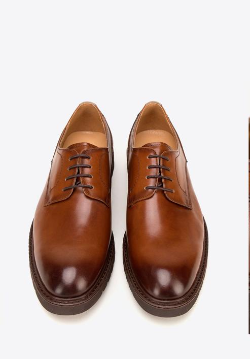 Męskie buty derby skórzane z kontrastową wstawką, brązowy, 98-M-715-5-43, Zdjęcie 3