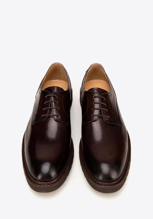 Męskie buty derby skórzane z kontrastową wstawką, ciemny brąz, 98-M-715-4-42, Zdjęcie 3