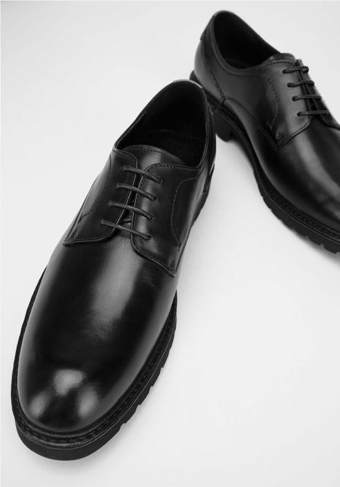 Męskie buty derby skórzane z kontrastową wstawką, czarny, 98-M-715-4-41, Zdjęcie 7