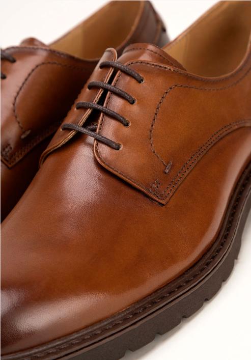 Męskie buty derby skórzane z kontrastową wstawką, brązowy, 98-M-715-4-42, Zdjęcie 9