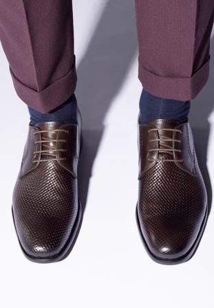 Męskie buty derby skórzane z plecionką z przodu, ciemny brąz, 95-M-505-4-39, Zdjęcie 1