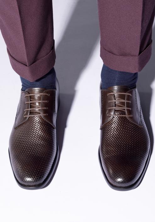 Męskie buty derby skórzane z plecionką z przodu, ciemny brąz, 95-M-505-1-43, Zdjęcie 15