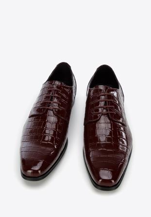 Men's croc print leather shoes, burgundy, 96-M-519-3C-42, Photo 1