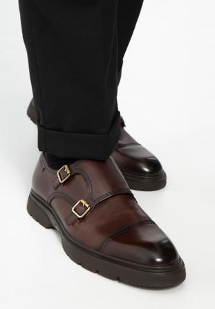 Men's leather double monk shoes, brown, 97-M-510-4-44, Photo 1