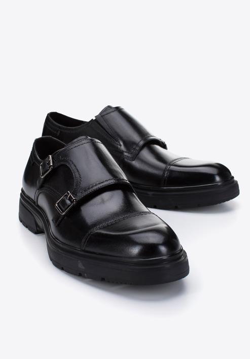 Men's leather double monk shoes, black, 97-M-510-1-44, Photo 7